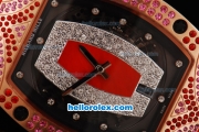 Richard Mille RM007 Automatic Movement Rose Gold Case with Diamond Hour Marker and Diamond Bezel-Red Leather Strap