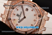 Audemars Piguet Royal Oak Lady Swiss Quartz Rose Gold/Diamonds Case with White Rubber Strap and White MOP Dial (EF)