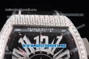 Franck Muller Vanguard Miyota OS20 Quartz Steel Case with Black Dial Black Leather Strap and White Subdials Diamonds Bezel