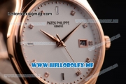 Patek Philippe Calatrava Miyota Quartz Rose Gold Case with White Dial and Brown Leather Strap Diamonds Markers