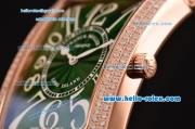 Franck Muller Long Island Swiss Quartz Rose Gold Case Diamond Bezel with Green Leather Strap and Green Dial