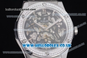 Hublot Classic Fusion Skeleton Asia Automatic Steel Case with Skeleton Dial Diamonds Bezel and Black Rubber Strap