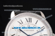 Cartier Rotonde De Tourbillon Swiss ETA 2892 Automatic Steel Case with White Dial and Diamonds Bezel Black Leather Strap