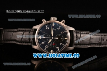 IWC Pilot's Watch Chrono Swiss Valjoux 7750 Automatic Steel Case with White Arabic Numeral Markers Black Leather Strap and Black Dial