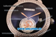 Cartier Rotonde De Swiss Quartz Steel Case with Black Guilloche Dial Diamonds Bezel and Black Leather Strap