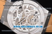 Hublot Classic Fusion Skeleton Asia Automatic Steel Case with Skeleton Dial Diamonds Bezel and Brown Leather Strap