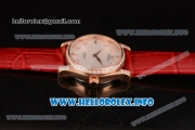 Omega De Ville Prestige Miyota Quartz Rose Gold Case with White MOP Dial Diamonds Bezel and Red Leather Strap