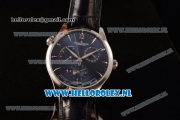 1:1 Jaeger-LECoultre Master Georgraphic Miyota 9015 Automatic Steel Case with Blue Dial Stick Markers and Blue Genuine Leather