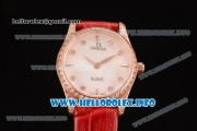 Omega De Ville Prestige Miyota Quartz Rose Gold Case with White MOP Dial Diamonds Bezel and Red Leather Strap