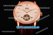 A.Lange&Sohne Saxonia Tourbillon Asia Automatic Rose Gold Case with White Dial Brown Leather Strap and Diamonds Bezel