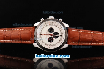 Breitling Chrono-Matic Chronograph Quartz Movement PVD Bezel with White Dial and Black Subdials-Brown Leather Strap