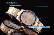 Rolex Submariner Asia 2813 Automatic Two Tone Case/Strap with Silver Dial Super LumiNova Markers and Blue Bezel - ETA Coating