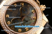 Rolex Daytona Swiss Valjoux 7750 Automatic Yellow Gold Case with Black Leather Bracelet Diamond Bezel and Grey MOP Dial