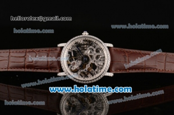 Cartier Rotonde De Swiss Manual Winding Steel Case with Brown Leather Bracelet Skeleton Dial and Diamond Bezel