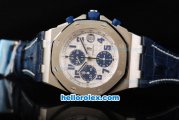 Audemars Piguet Royal Oak Offshore Run 12 Sec Swiss Valjoux 7750 Chronograph Movement Steel Case with White Dial and Blue Numeral Marker-Blue Leather Strap