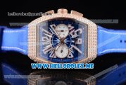 Franck Muller Vanguard Miyota OS20 Quartz Rose Gold Case with Blue Dial Blue Leather Strap Arabic Numeral Markers and Diamonds Bezel