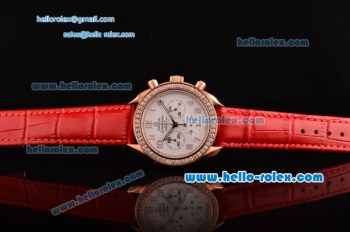 Omega Speedmaster Chrono Swiss Quartz Rose Gold Case Diamond Bezel with Red Leather Strap and White Dial Numeral Markers