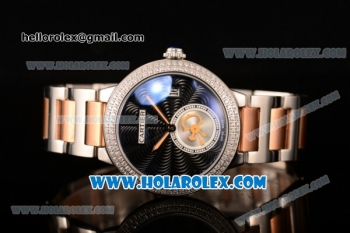 Cartier Rotonde De Miyota Quartz Two Tone Case/Bracelet with Black Dial and Diamonds Bezel