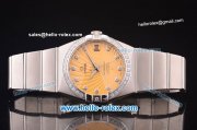 Omega Constellation Co-Axial Swiss ETA 2824 Automatic Full Steel with Diamond Bezel and Yellow Stripy Dial-Diamond Markers