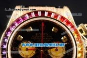 Rolex Daytona Rainbow Swiss Valjoux 7750 Automatic Yellow Gold Case with Black Dial and Black Leather Strap Diamonds Markers (GF)