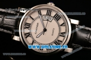 Cartier Rotonde De Miyota Quartz Rose Gold Case with White Dial Roman Numeral Markers and Black Leather Strap