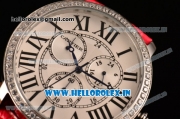 Cartier Ronde Louis Cartier Miyota 1L45 Quartz Steel Case with Red Leather Strap and Diamonds Bezel