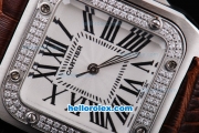 Cartier santos 100 Automatic with Diamond Bezel and White Case-White Dial-Roman Markers-Brown Leather Strap