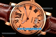 Cartier Rotonde De Miyota Quartz Rose Gold Case with Brown Leather Strap and Rose Gold Dial - Roman Numeral Markers