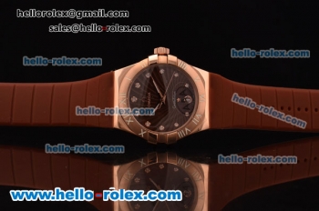 Omega Constellation Swiss ETA Quartz Rose Gold Case with Brown Dial and Brown Rubber Strap