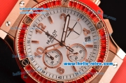 Hublot Big Bang Chronograph Miyota OS20 Quartz Rose Gold Case With Red Diamond Bezel White Dial and Orange Rubber Strap