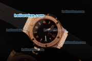 Hublot Big Bang Swiss Quartz Movement Rose Gold Case with Black Dial and Double Row Diamond Bezel