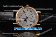 Breguet Classique Moonphase Miyota 9015 Automatic Yellow Gold Case with White Dial Black Leather Strap and Roman Numeral Markers (EF)