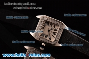 Cartier Santos 100 Medium Japanese Miyota OS2035 Quartz Steel Case with Black Leather Strap Diamond Bezel and White Dial