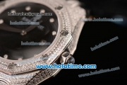 Audemars Piguet Royal Oak Ladies Swiss Quartz Steel/Diamond Case with Black Leather Bracelet and Black Dial - 1:1 Original