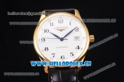 Longines Master Date Swiss ETA 2824 Automatic Yellow Gold Case with White Dial Arabic Numeral Markers and Black Leather Strap