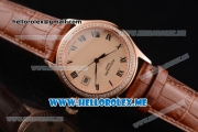 Patek Philippe Calatrava Miyota 9015 Automatic Rose Gold Case with Rose Gold Dial Brown Leather Strap and Roman Numeral Markers Diamonds Bezel