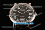 Cartier Rotonde De Miyota Quartz Steel Case with Black Dial Black Leather Strap and Roman Numeral Markers