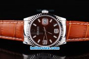 Rolex Datejust Automatic with Dark Red Dial and White Bezel and Case-Diamond Marking-Small Calendar-Brown Leather Strap