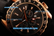 Omega Seamaster GMT Chronograph Miyota Quartz Movement Rose Gold Case with Black Bezel and Black Leather Strap