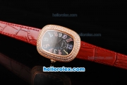 Franck Muller Galet Quartz Movement RG Case with Black Dial and Diamond Bezel-Red Leather Strap