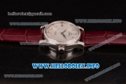 Omega De Ville Prestige Miyota Quartz Steel Case with White MOP Dial Diamonds Bezel and Wine Leather Strap