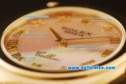 Rolex Cellini Swiss Quartz Yellow Gold Case with Pink MOP Dial and Brown Leather Strap-Roman Markers