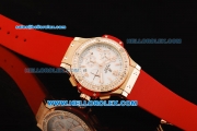 Hublot Big Bang Chronograph Swiss Quartz Movement Rose Gold Case with Diamond Bezel and Red Rubber Strap-Lady Model