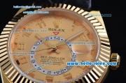 Rolex Sky-Dweller Asia 2813 Automatic Gold Case Numeral Markers with Black Leather Strap and Yellow Dial