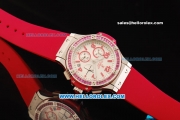 Hublot Big Bang Chronograph Miyota Quartz Movement White Dial with Red Markers and Diamond Bezel - Red Rubber Strap