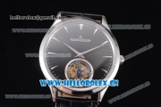 Jaeger-LECoultre Master Ultra Thin Tourbillon Swiss Tourbillon Manual Winding Steel Case with Black MOP Dial Stick Markers and Black Leather Strap