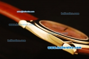 Rolex Cellini Swiss Quartz Yellow Gold Case with Pink MOP Dial and Brown Leather Strap-Numeral Markers