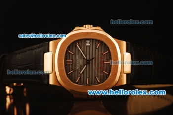 Patek Philippe Nautilus Swiss ETA 2824 Automatic Rose Gold Case with Brown Dial and Black Leather Strap - 1:1 Original