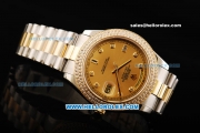Rolex Day Date II Automatic Movement Champagne Dial with Double Row Diamond Bezel - Diamond Markers and Two Tone Strap