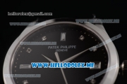 Patek Philippe Calatrava Miyota 9015 Automatic Steel Case with Black Dial Black Leather Strap and Diamonds Markers